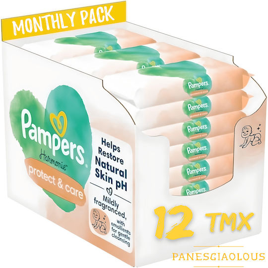 Pampers Harmonie Protect & Care Șervețele Umede Hipoalergenice pentru Bebeluși Fără Parfum Alcool și Parabeni 12x44buc