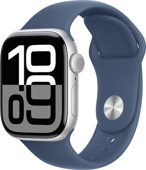 Apple Watch Series 10 Cellular Aluminum 42mm Waterproof with eSIM and Heart Rate Monitor (Silver Aluminum Denim Sport Band - S/M)