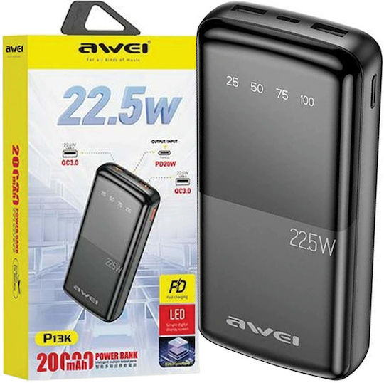 Awei P13K Power Bank 20000mAh 22.5W with 2 USB-A Ports and USB-C Port Black