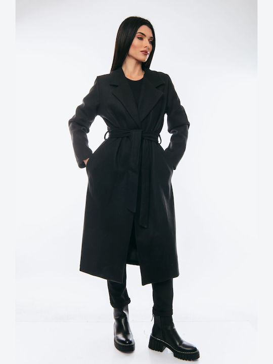 Damen black Mantel mit Gürtel