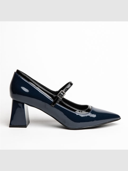 Miss Belgini Patent Leather Blue Medium Heels with Strap