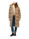 Women's Long Puffer Jacket for Winter with Hood Brown