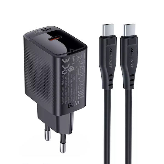 Acefast Φορτιστής GaN με Θύρα USB-C και Καλώδιο USB-C - USB-C 20W Power Delivery Μαύρος (A82)
