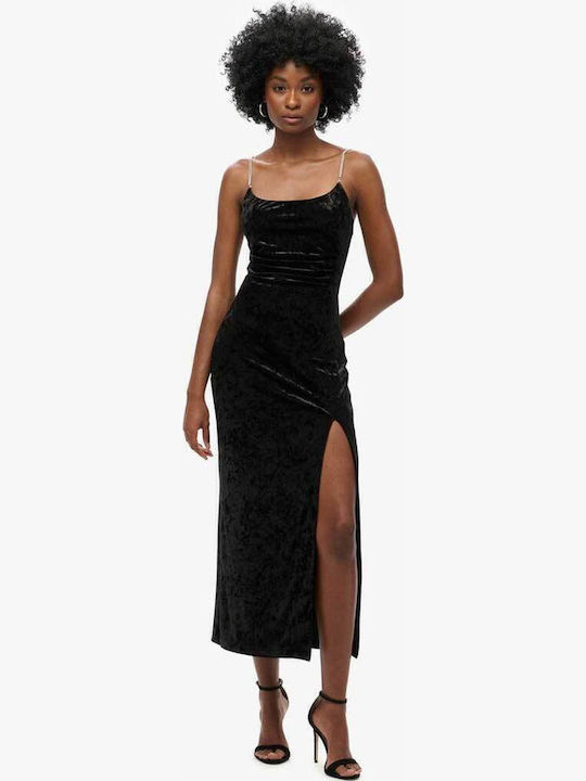 Superdry Midi Evening Dress Velvet with Slit Black