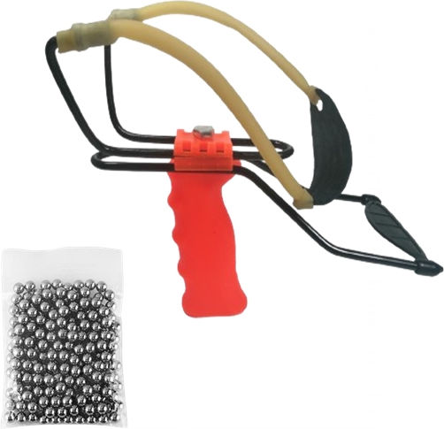 Set Profesional Praștie 100 Bile Metalice Sling Master Plastic 20 Cm Portocaliu