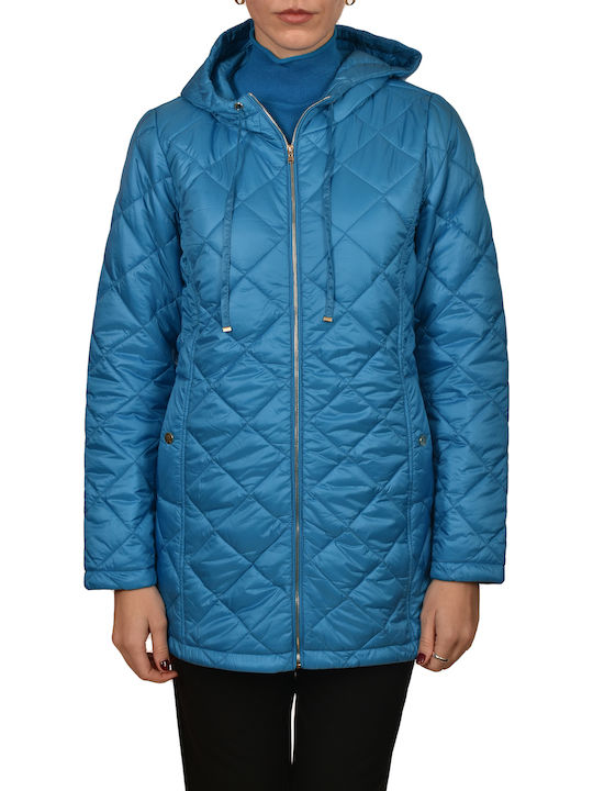 Μακρύ Γυναικείο Puffer Μπουφάν για Χειμώνα Blue Curacao