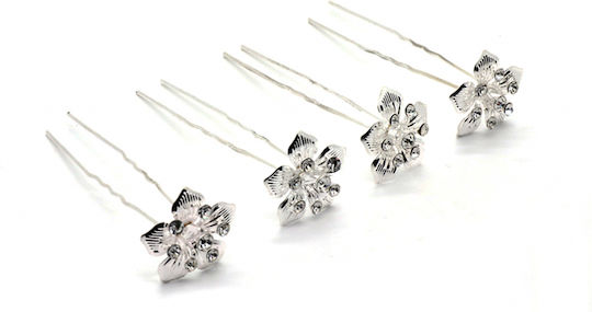 Decorative Agrafe de Păr Argintiu cu Floare / Strass 7cm 2buc