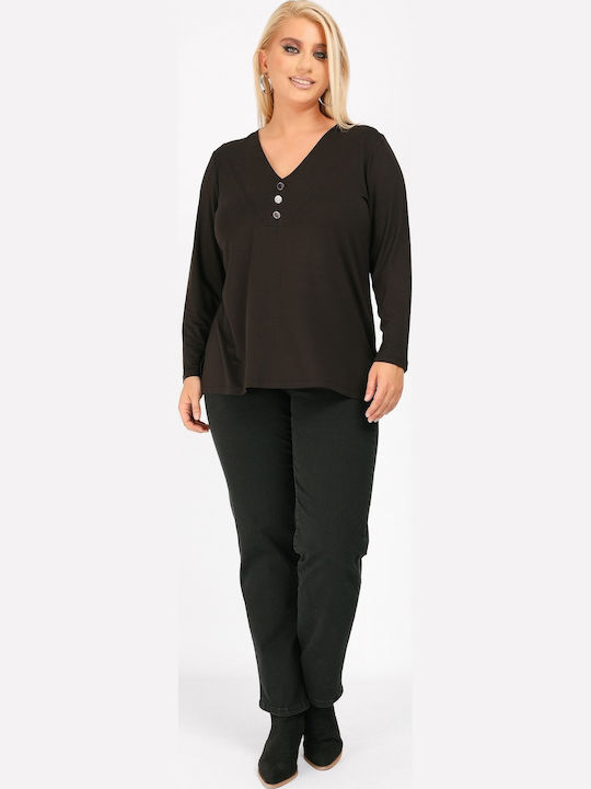 Women's Blouse Long Sleeve with V Neckline Black