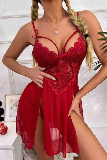 Merry See Sexy Damen Transparente Nachtkleid mit Slip Rot