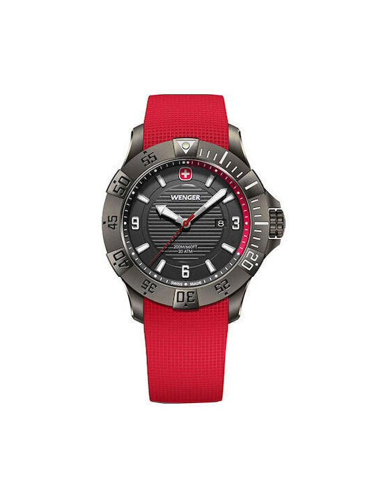 Wenger Herrenuhr Batterie mit Rot Kautschukarmband