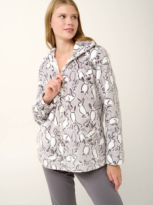 Vamp Χειμερινή Γυναικεία Fleece Ρόμπα Light Gray