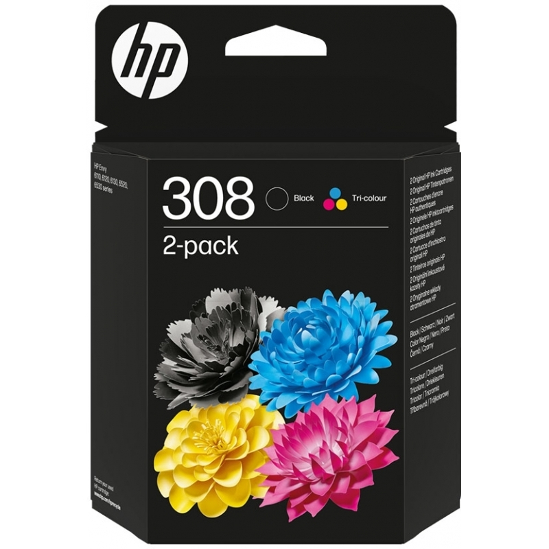 HP 308 Γνήσιο Πακέτο 2 Μελανιών Εκτυπωτή InkJet Μαύρο / Πολλαπλό (Color) () (6L6S6UE)