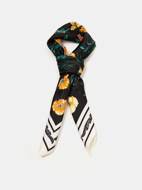 Satin Large Scarf with Flowers Black