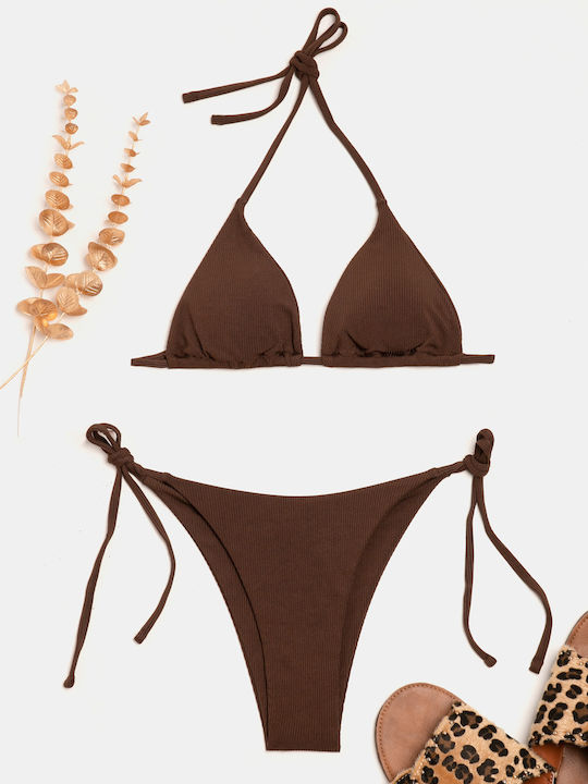 Ribbed Brown Triangle Bikini Set