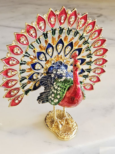 Decorative Red Peacock Enamel Box with Rhinestones 16x13x11cm