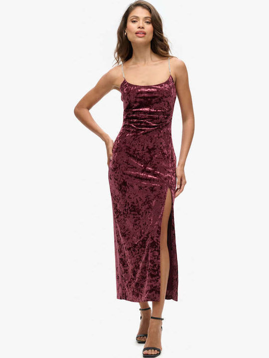 Diamonte Velvet Maxi Midi Evening Dress Velvet Burgundy
