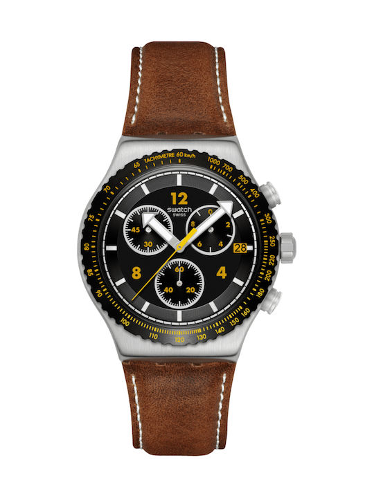 Swatch Unisex Men's Watch Chronograph Battery with Brown Leather Strap