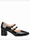 Leather Black Medium Heels with Strap