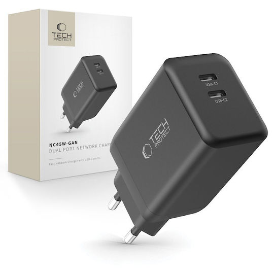 Tech-Protect Charger Without Cable GaN with 2 USB-C Ports 45W Blacks (NC45W)