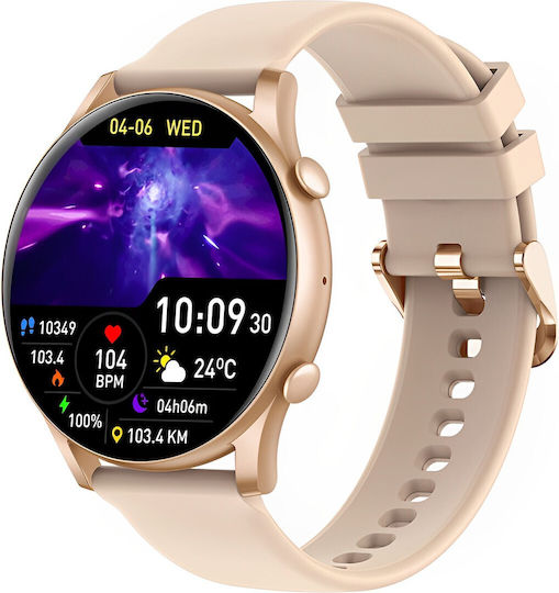 Ceas inteligent colecția Moon Style Idealstore 1.43 inch ecran HD AMOLED apel Bluetooth notificări mesaje NFC monitorizare ritm cardiac somn asistent vocal difuzor încorporat microfon IP67 alarmă Android-iOS autonomie mare a bateriei auriu