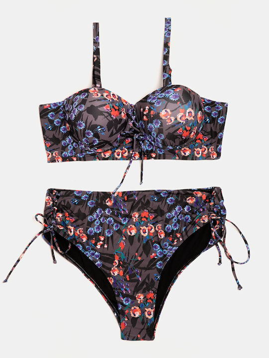 Σετ Μαγιό Plus Size Ψηλόμεσο Μπανέλα Floral Γκρι Γκρι
