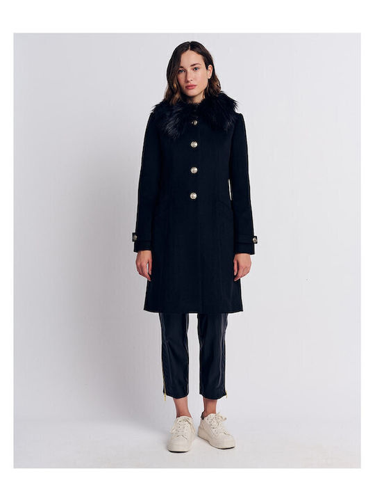 Forel Women's black Coat with Fur Details