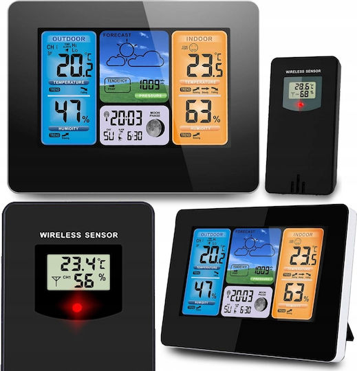 Professionelle drahtlose Wetterstation Idealstore Innen- und Außenbereich Luftfeuchtigkeit Wettervorhersage Barometerdruck Kalender Wecker Batteriesensor Schlummerfunktion 60 m Reichweite 4-stufige Hintergrundbeleuchtung LCD-Display
