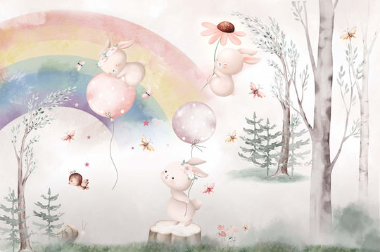 Tapete Pastell Kinderzimmer Glückliche Hasen Regenbogen 148x220