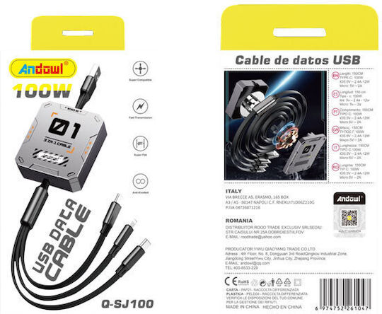 Andowl Q-SJ100 Retractable USB to Lightning / Type-C / micro USB Cable Γκρι 1m