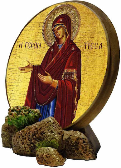 Icoană Rotundă Panagia Gerontissa pentru Bază & Perete 12.4cm x 12.5cm
