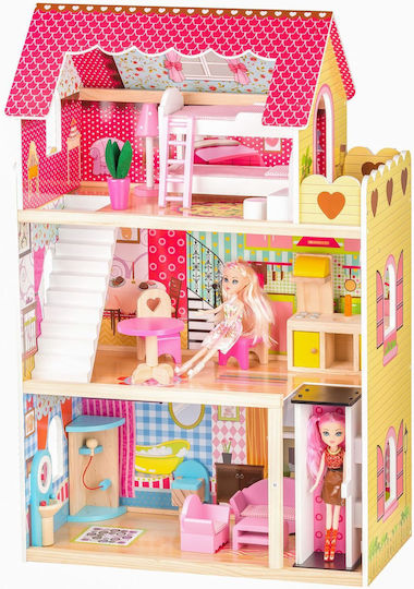 Casă de Păpuși din Lemn cu Lift Idealstore Malibu Residence Dimensiuni Păpuși 90 X 59 X 33 Cm 3 Niveluri Independente Un Total de 5 Camere Include 16 Piese de Mobilier 2 Păpuși Totul Într-un Decor de Basm