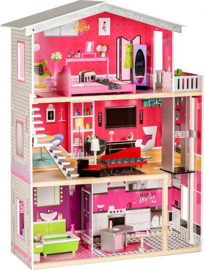 Căsuță de Păpuși din Lemn Bigshot Bs4118pnk 3 Niveluri Scară Interioară Lift 4 Camere Baie Bucătărie Păpușă 10 Piese de Mobilier Multicolor