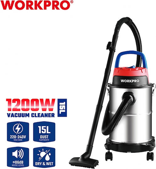 Work WP423004CE Σκούπα Υγρών / Στερεών 1200W με Ανοξείδωτο Κάδο 15lt