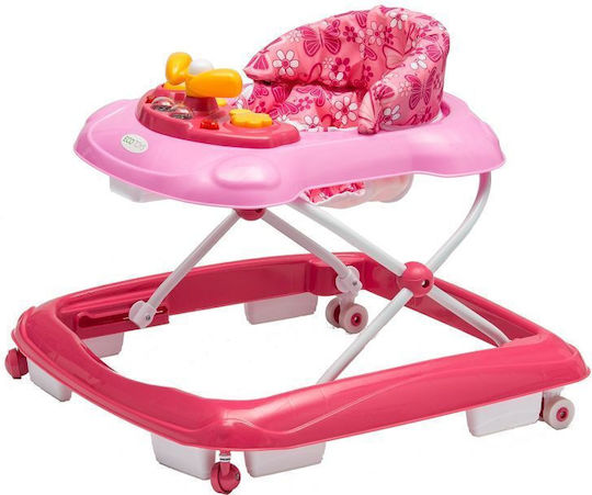 Interactive Walker Idl First Step Foldable Babies Musical Panel Adjustable Height Lockable Rear Wheels Anti-fall Safety System Child Pink Color