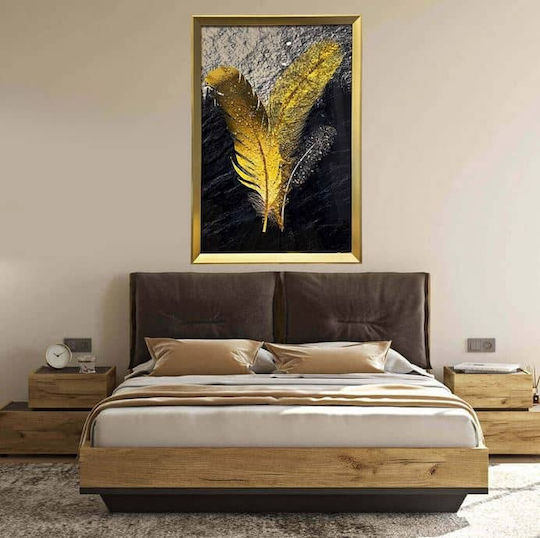 Design Pânză cu Ramă Aurie cu Pene și Pietre Tip Diamant în Relief 60.5x41x2.5cm