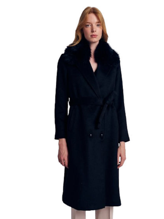 Coat with Eco Fur Collar Black