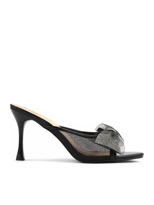 Fshoes Mules με Λεπτό Ψηλό Τακούνι σε Μαύρο Χρώμα