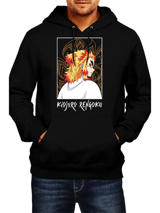 Мъжки суичър с качулка Японска манга аниме комикси Tralala Demon Slayer Kyojuro Rengoku 003 Черен