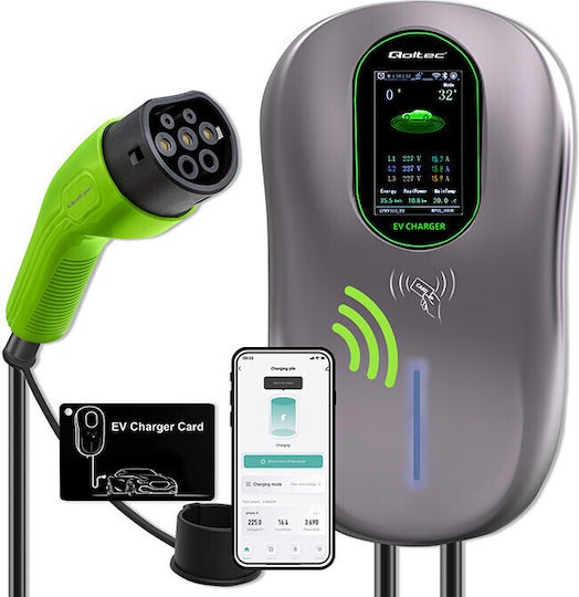 Qoltec Wall Mounted Three-Phase Electric Car Charger 22kW With Built-in Cable 5m Type 2 (52430)