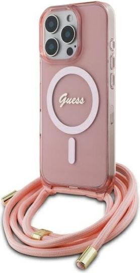 Guess Crossbody Cord Script Magsafe Umschlag Rückseite Kunststoff mit Band Rosa (iPhone 17 Pro / iPhone 16 Pro)