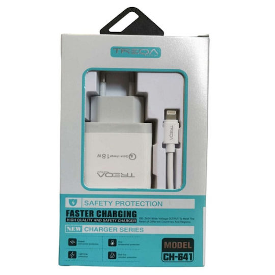 Treqa Ladegerät mit USB-A Anschluss und Kabel Blitzschlag 18W Schnellaufladung 3.0 Weißs (CH-641)