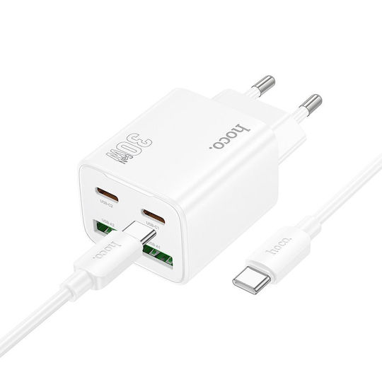 Hoco Charger with 2 USB-A Ports and 2 USB-C Ports and Cable USB-C - USB-C 30W Power Delivery / Quick Charge 3.0 Whites (N56 Fundador)