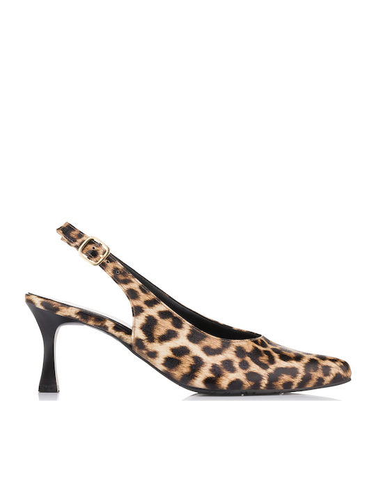 Leather Pointed Toe Brown Heels with Strap Animal Print