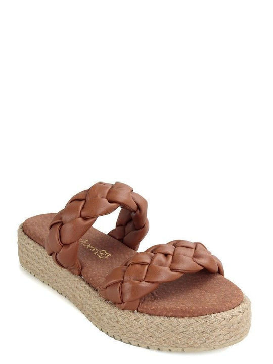 Camel Δερμάτινο Flatform Σανδάλι Πλεκτό Σχέδιο