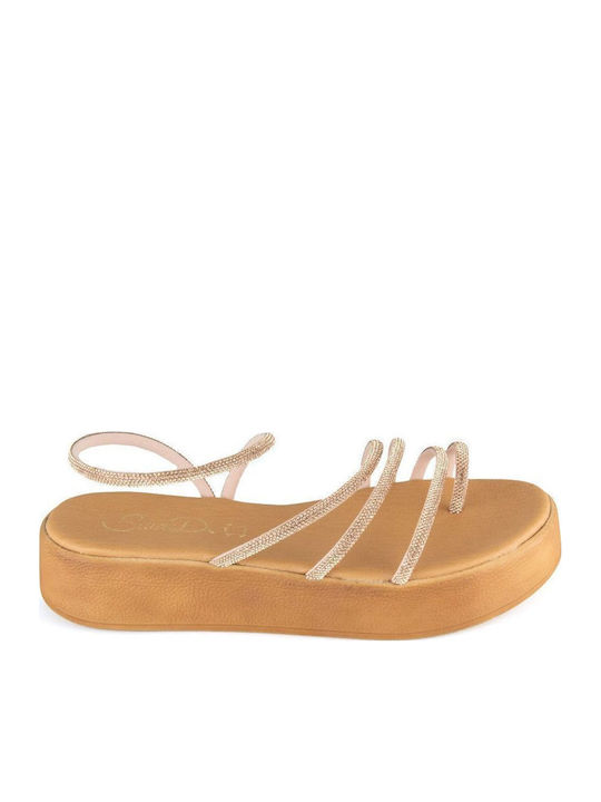 Bronze Δερμάτινο Flatform Σανδάλι Strass