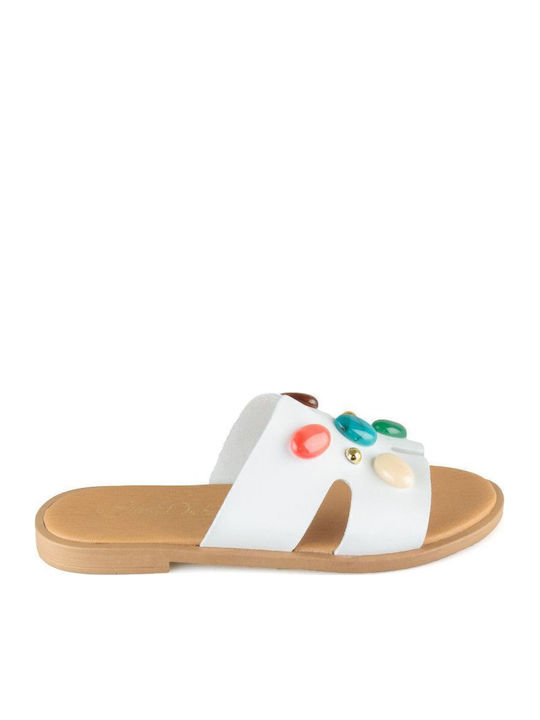 White Leather Handmade Flat Sandal with Decorative Stones