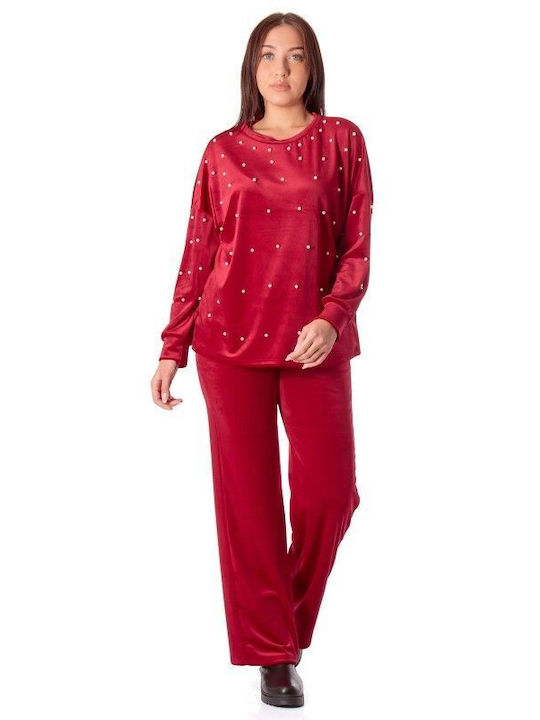 Red Velour Tracksuit Set Pearls