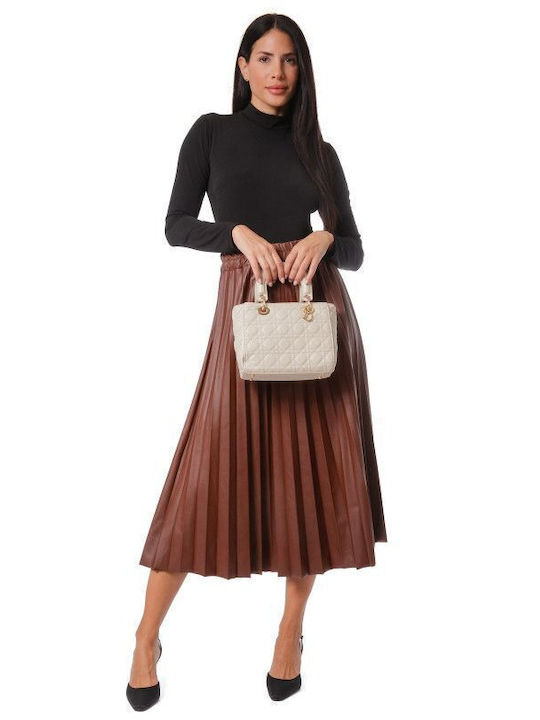 Brown Matte Pleated Midi Skirt