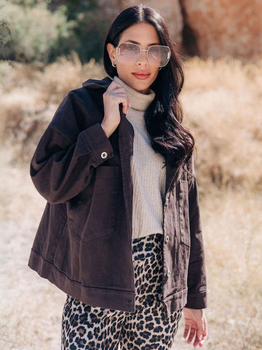 Women's Short Jean Jacket for Spring or Autumn with Hood Brown