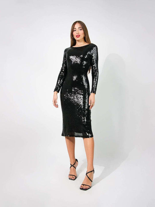 Rochie Midi De Seară Din Satin Spate Deschisă Cu Deschizătură Neagră
